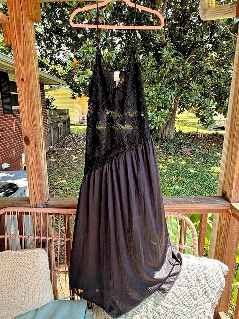 Vintage 70s Texsheen black lace slip